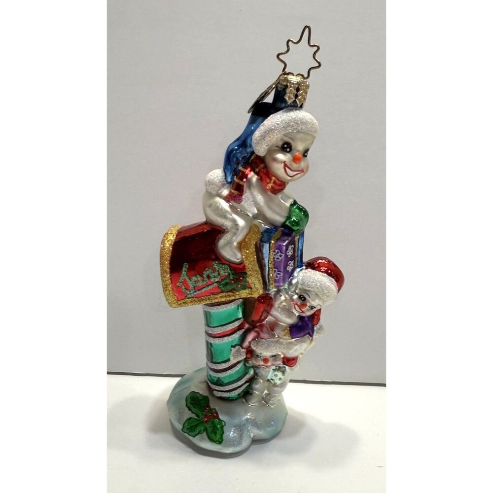 Christopher Radko Snow of Support Snowman On Mailbox Glass Christmas Ornament